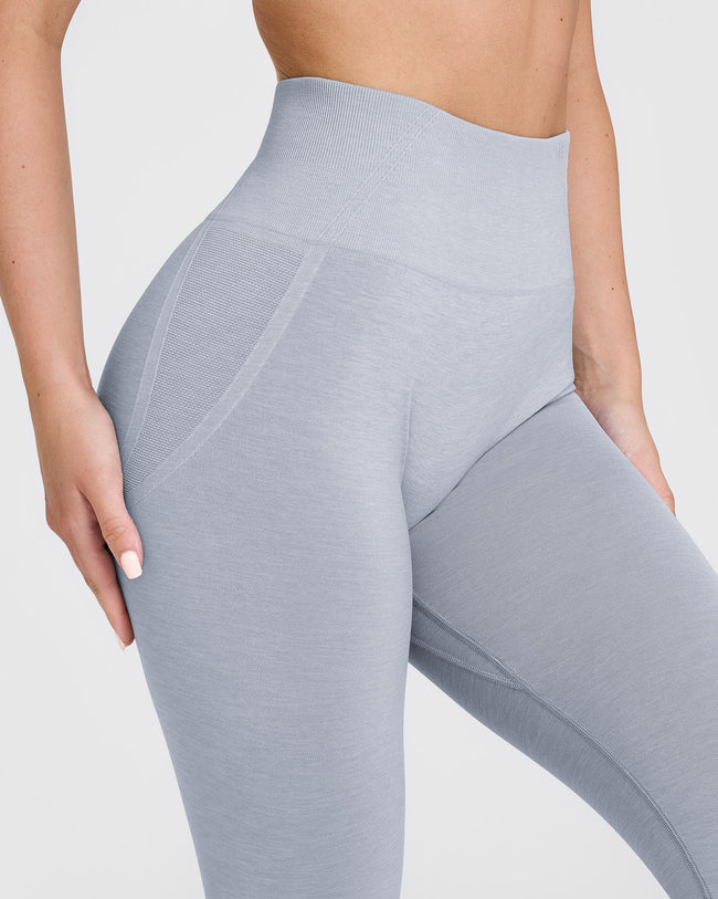 Effortless Seamless Leggings with White Logo | Metal Grey