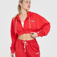 Raw Lounge Crop Zip Through Hoodie with Graphic | Muscle Mommy Red