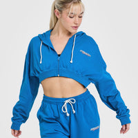 Raw Lounge Crop Zip Through Hoodie with Graphic | Retro Blue