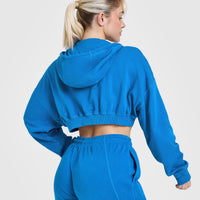 Raw Lounge Crop Zip Through Hoodie with Graphic | Retro Blue