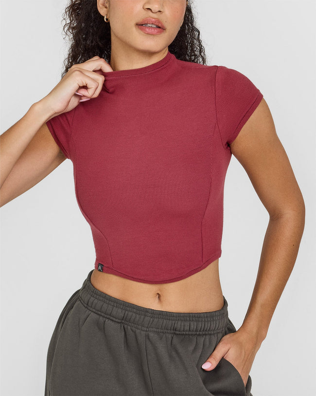 Mellowâ„¢ Rib Mid Mock Neck T-Shirt | Burnt Cherry