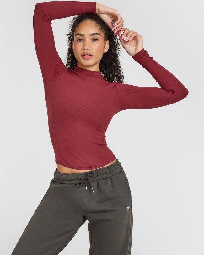 Mellow™ Rib Mock Neck Long Sleeve Top | Burnt Cherry