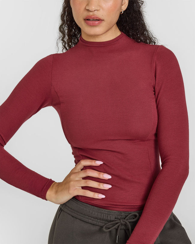 Mellow™ Rib Mock Neck Long Sleeve Top | Burnt Cherry