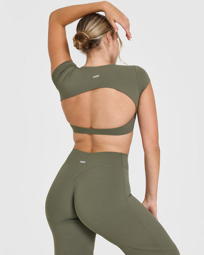 SoftMotion™ Short Sleeve Crop Top with White Logo | Alpine Green