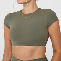 SoftMotion™ Short Sleeve Crop Top with White Logo | Alpine Green