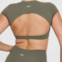 SoftMotion™ Short Sleeve Crop Top with White Logo | Alpine Green