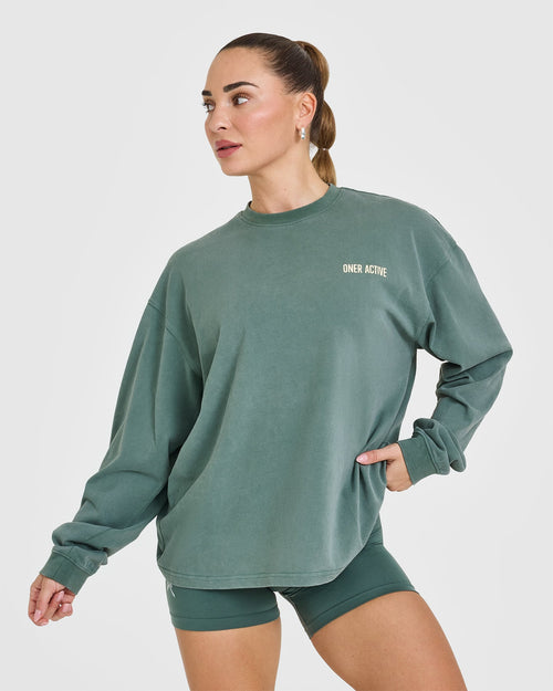 Oner Modal Oversized Graphic Washed Long Sleeve Top | Iced Green