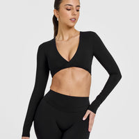 Unified Twist Front Long Sleeve Crop Top | Black