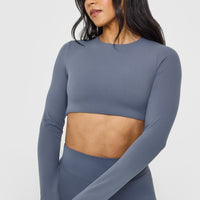 SoftMotion™ Long Sleeve Crop Top with White Logo | Granite Blue