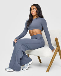 SoftMotion™ Long Sleeve Crop Top with White Logo | Granite Blue