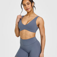 SoftMotion™ Scoop Back Bralette with White Logo | Granite Blue