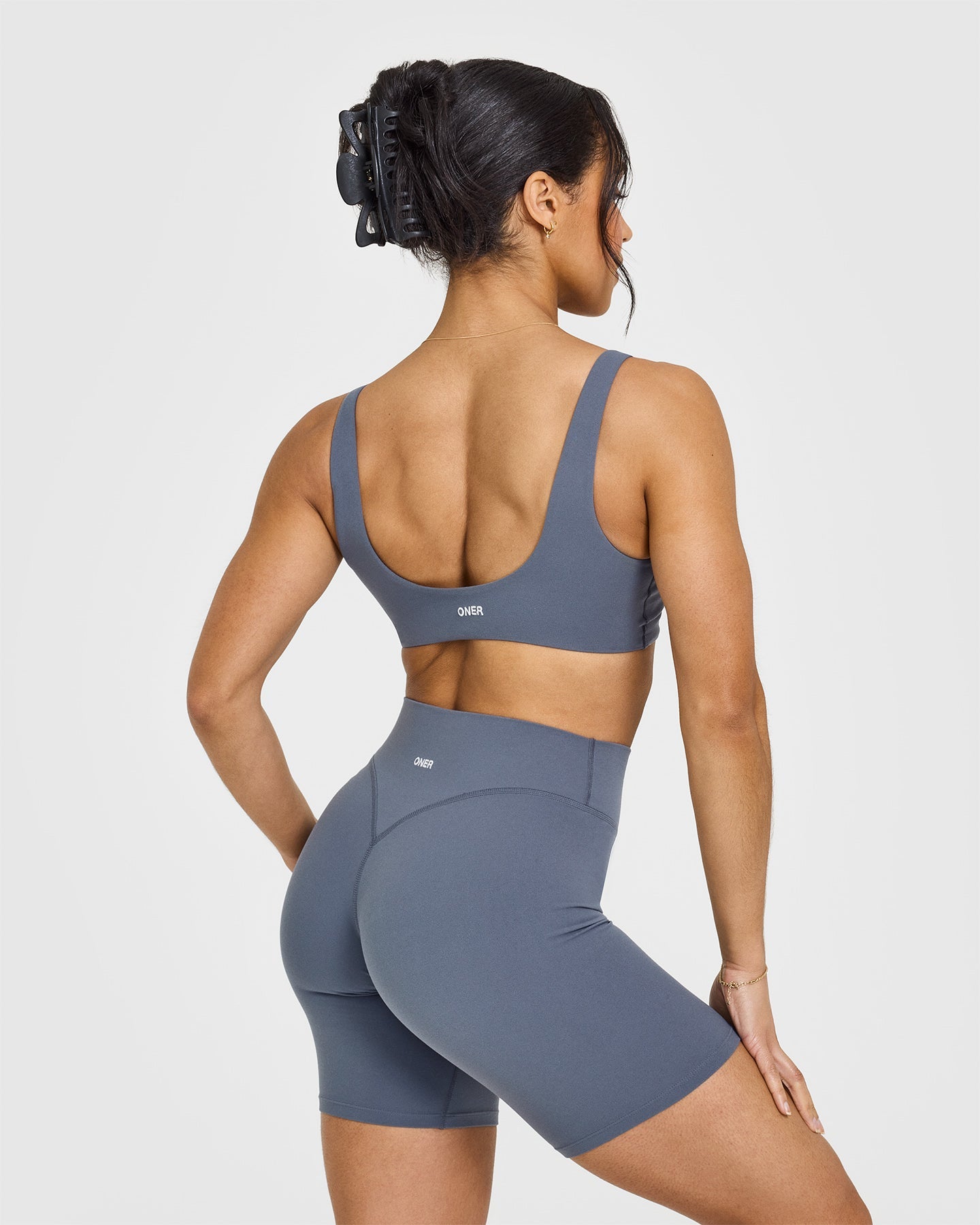 SoftMotion™ Scoop Back Bralette with White Logo | Granite Blue