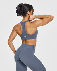 SoftMotion™ Sports Bra with White Logo | Granite Blue