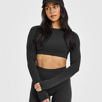 SoftMotion™ Long Sleeve Crop Top with White Logo | Soft Black