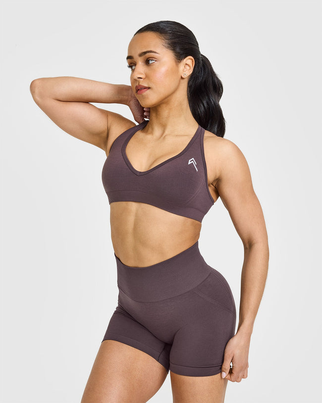 Effortless Seamless Racer Back Sports Bra with White Logo | Umber Brown