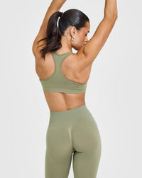 Effortless Seamless Racer Back Sports Bra with White Logo | Deep Sage Green