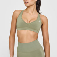 Effortless Seamless Racer Back Sports Bra with White Logo | Deep Sage Green