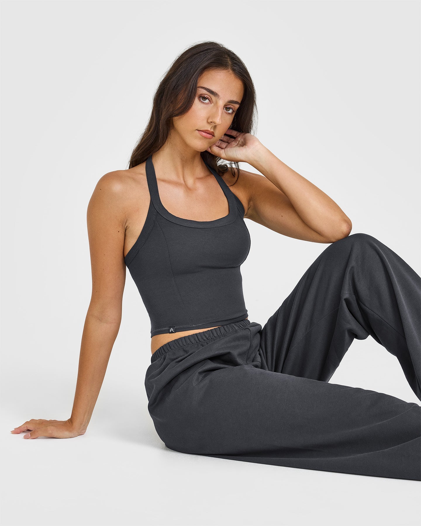 Mellow™ Rib Halter Neck Mid Vest with Built in Bra Shelf | Coal