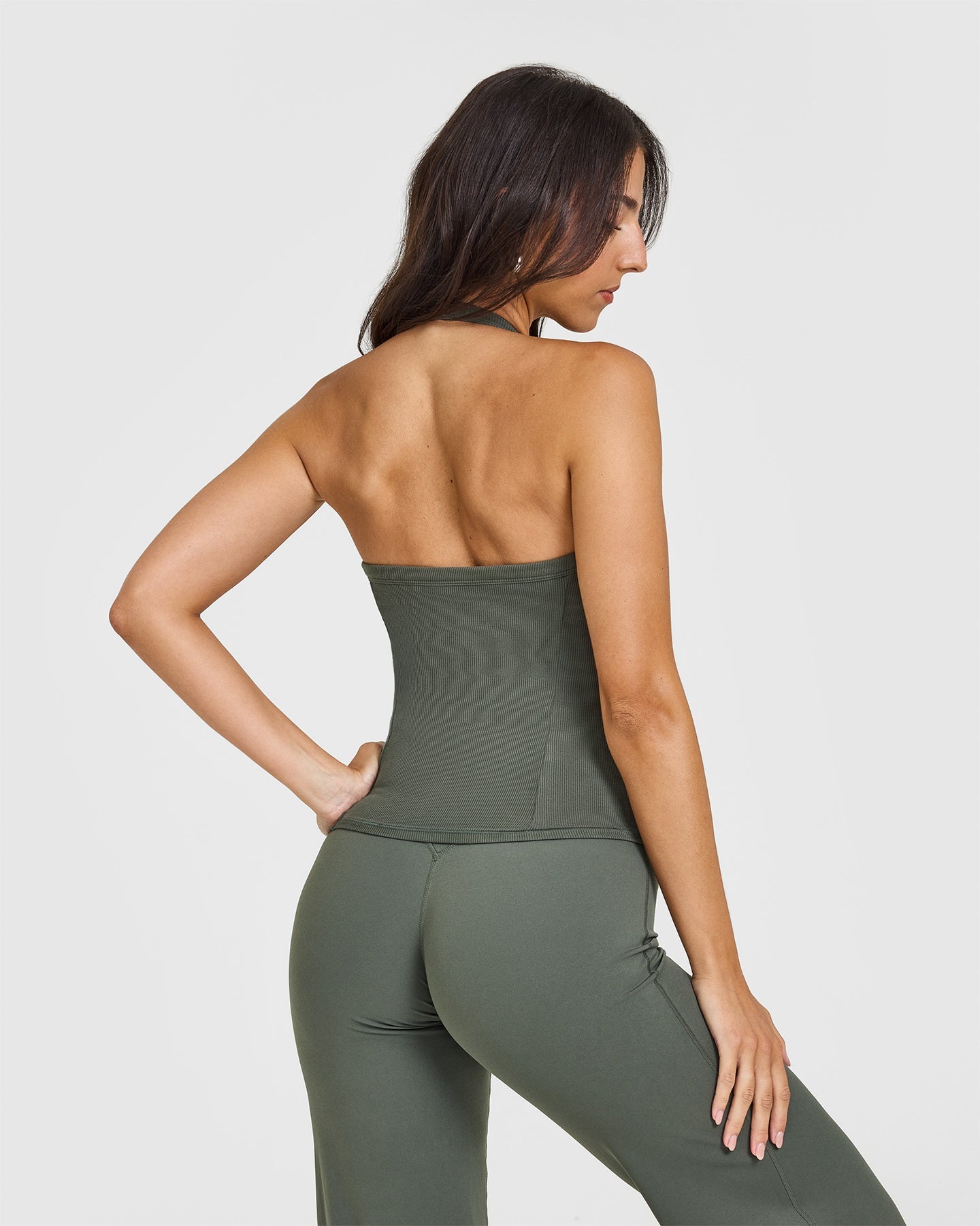 Mellow™ Rib Halter Neck Vest with Built in Bra Shelf | Dark Khaki