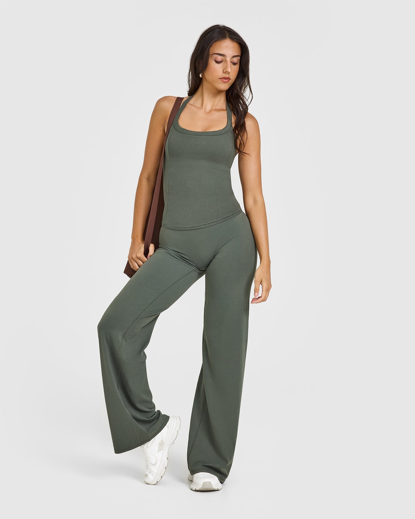 Mellow™ Rib Halter Neck Vest with Built in Bra Shelf | Dark Khaki