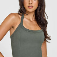 Mellow™ Rib Halter Neck Vest with Built in Bra Shelf | Dark Khaki