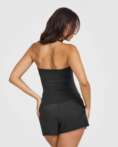 Mellow™ Rib Halter Neck Vest with Built in Bra Shelf | Soft Black