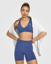 Effortless Seamless Shorts with White Logo | Shadow Blue