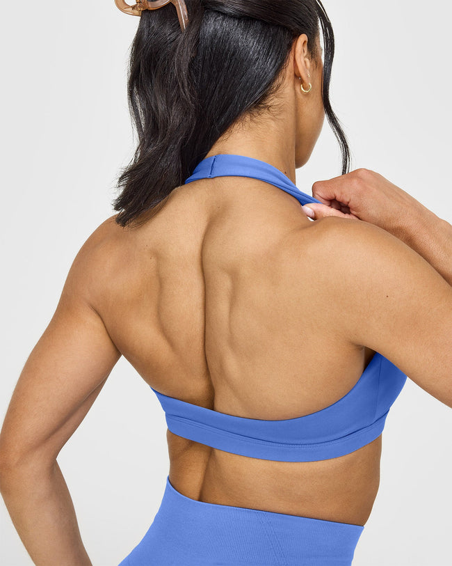 EasyLift™ Halter Bralette with White Logo | Glaucous Blue