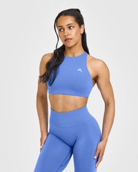EasyLift™ High Neck Sports Bra with White Logo | Glaucous Blue