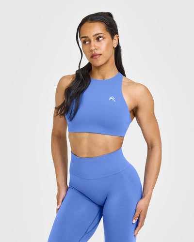 EasyLift™ High Neck Sports Bra with White Logo | Glaucous Blue