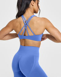 EasyLift™ High Neck Sports Bra with White Logo | Glaucous Blue