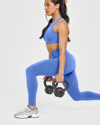 Effortless Seamless Leggings with White Logo | Glaucous Blue
