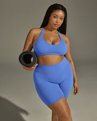 SoftMotion™ Cycling Shorts 8" with White Logo | Glaucous Blue