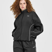 Oversized Piped Woven Track Jacket | Soft Black