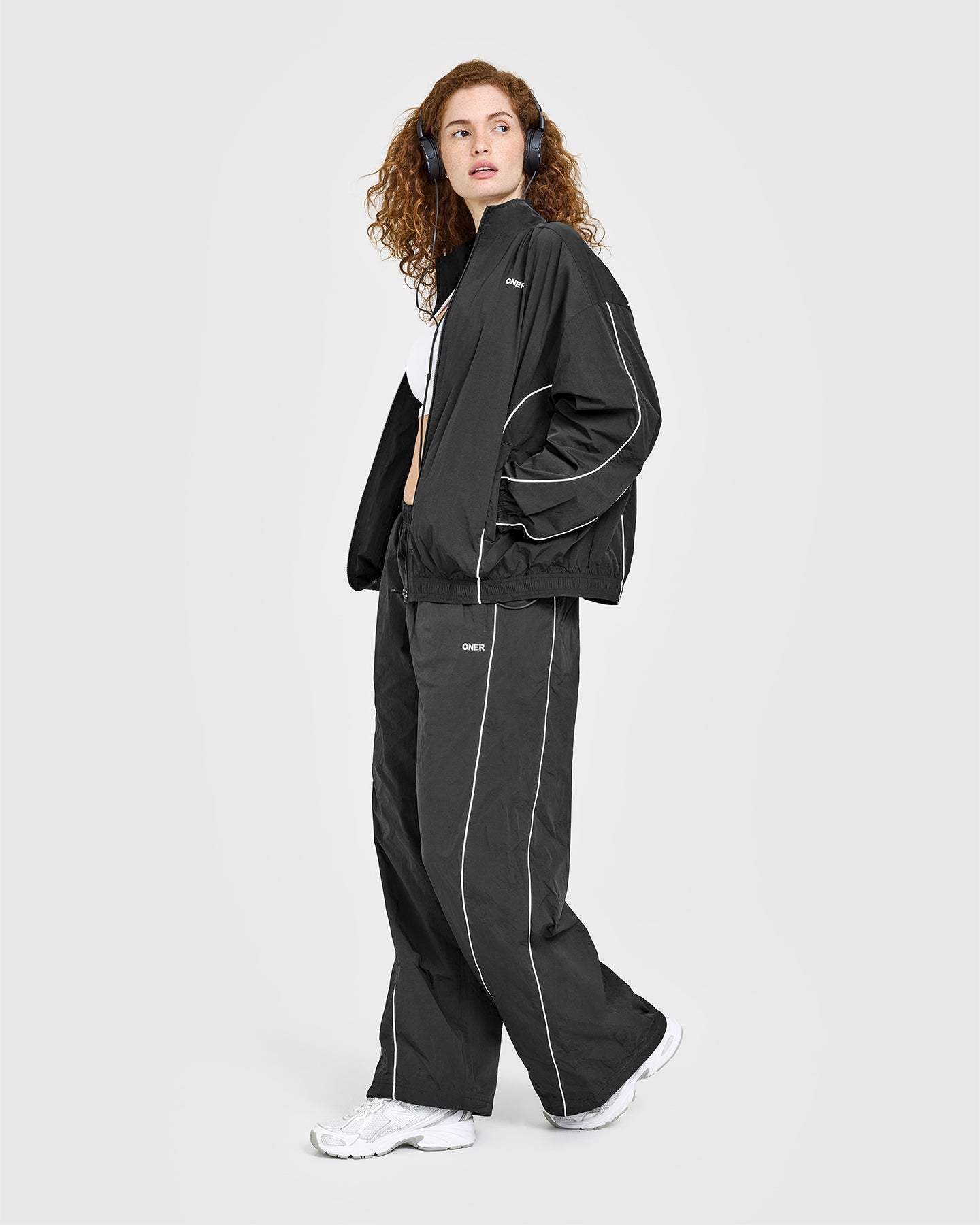 Oversized Piped Woven Track Jacket | Soft Black
