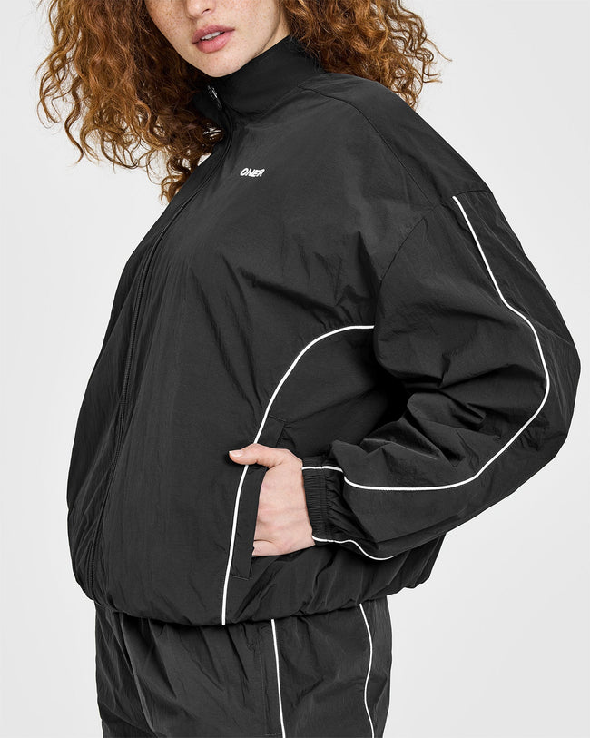 Oversized Piped Woven Track Jacket | Soft Black