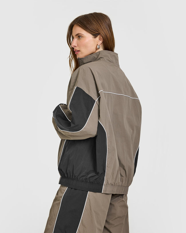 Oversized Piped Woven Track Jacket | Moss Brown