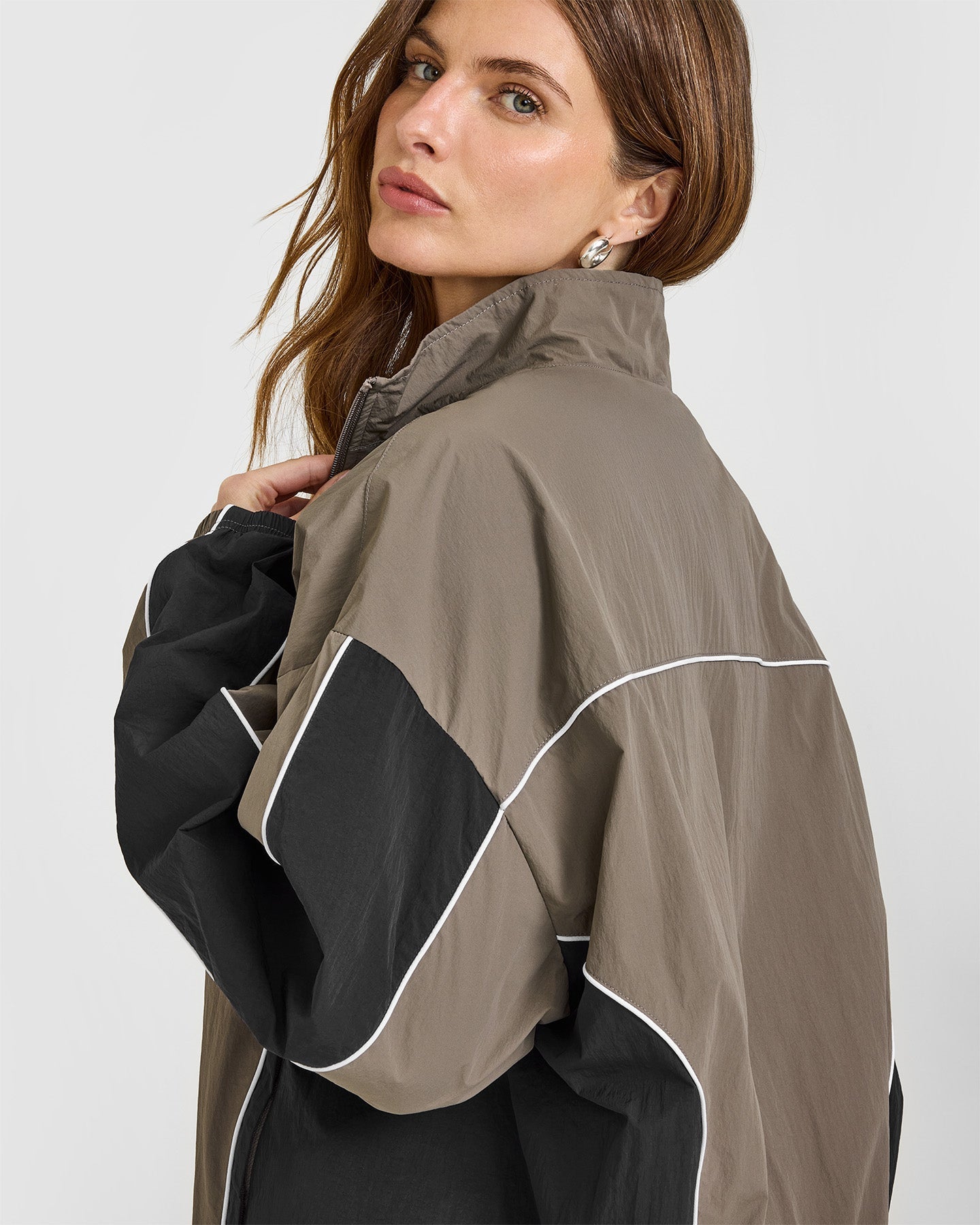 Oversized Piped Woven Track Jacket | Moss Brown