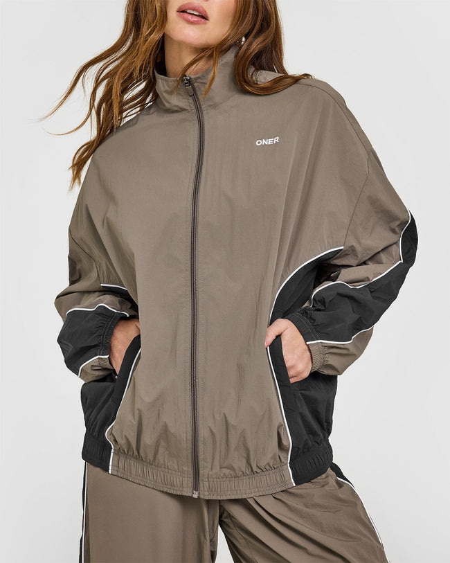 Oversized Piped Woven Track Jacket | Moss Brown