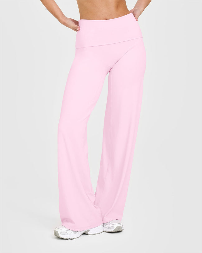 SoftMotion™ Fold Over Straight Leg Bottoms with White Logo | Chalk Pink