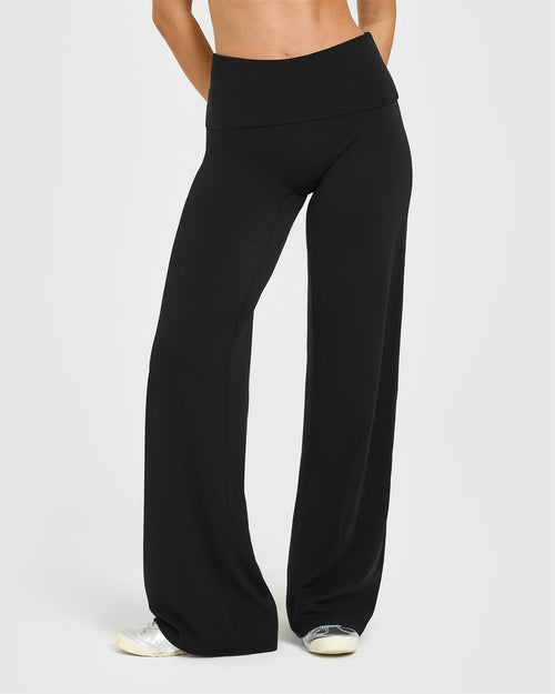 Oner Modal SoftMotion™ Fold Over Straight Leg Bottoms with White Logo | Black