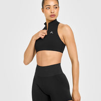 EasyLift™ Zip High Neck Sports Bra with White Logo | Black
