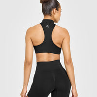 EasyLift™ Zip High Neck Sports Bra with White Logo | Black