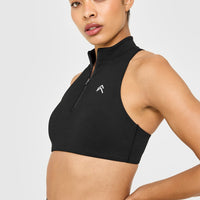 EasyLift™ Zip High Neck Sports Bra with White Logo | Black