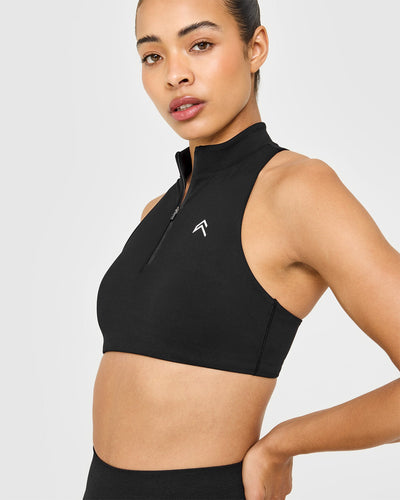 EasyLift™ Zip High Neck Sports Bra with White Logo | Black