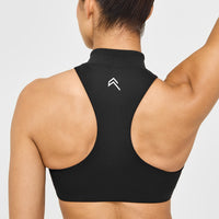 EasyLift™ Zip High Neck Sports Bra with White Logo | Black