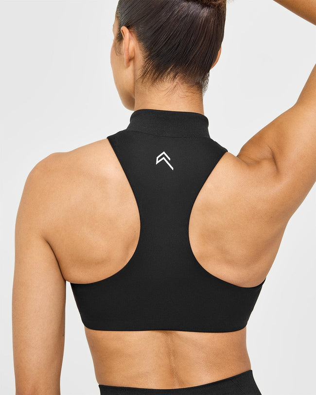 EasyLift™ Zip High Neck Sports Bra with White Logo | Black