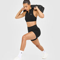 EasyLift™ Zip High Neck Sports Bra with White Logo | Black