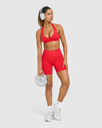 Effortless Seamless Halter Neck Sports Bra with White Logo | Muscle Mommy Red