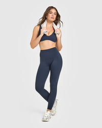 SoftMotion™ High Waisted Leggings with White Logo | True Blue